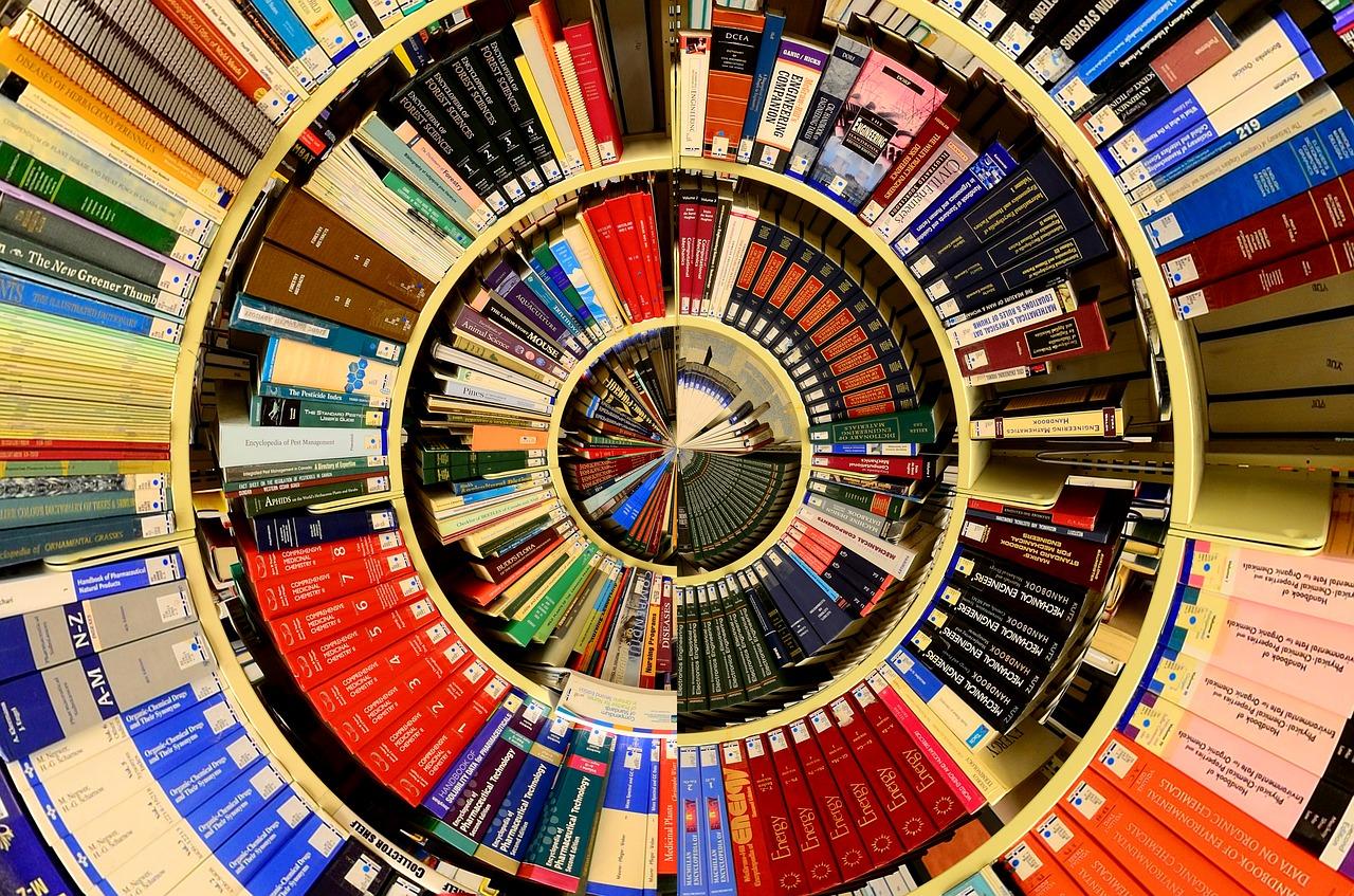 Colourful descending spiral of books